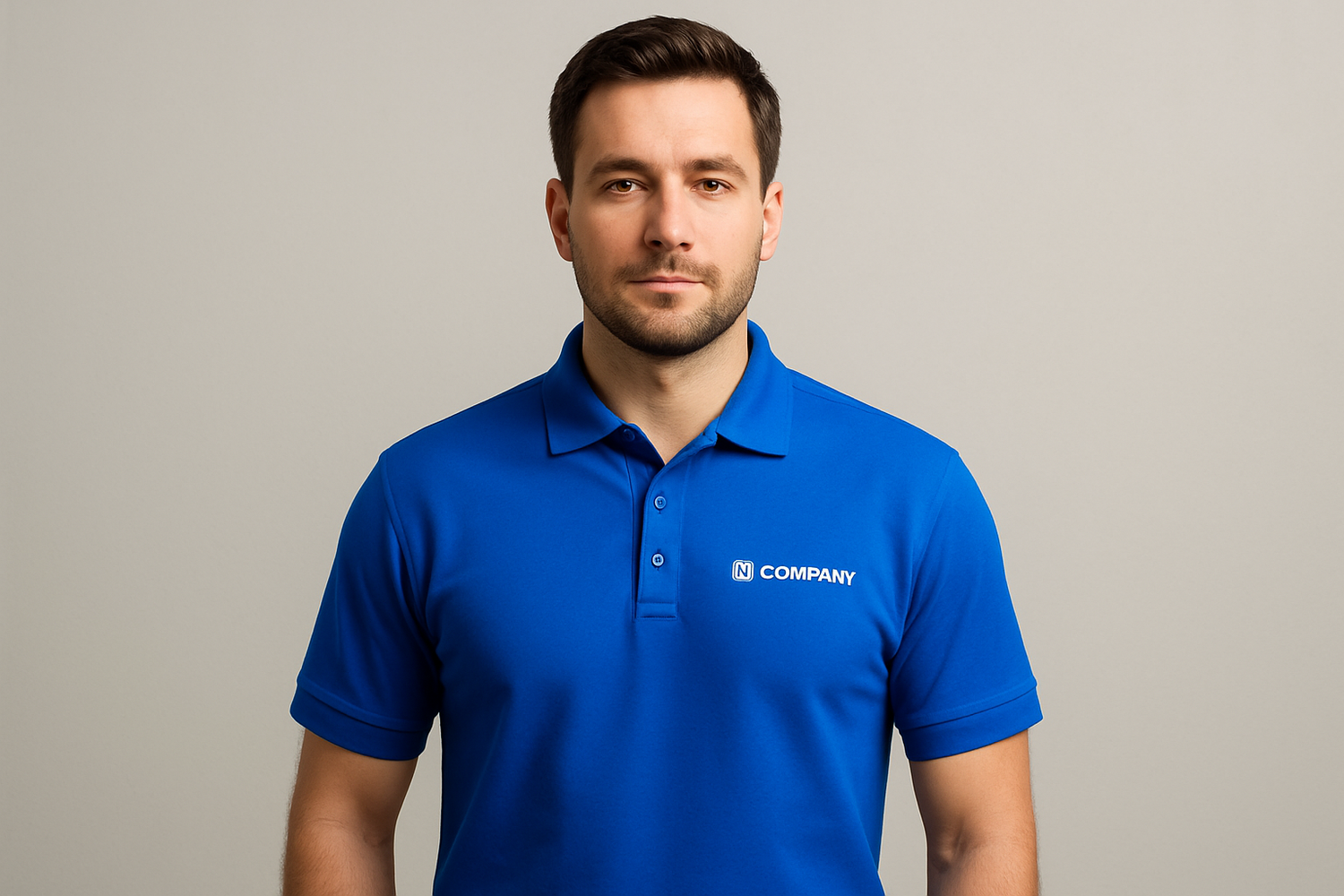 sOMEONE WITH BRANDED POLOSHIRT IN A SINGLE BRIGHT COLOUR